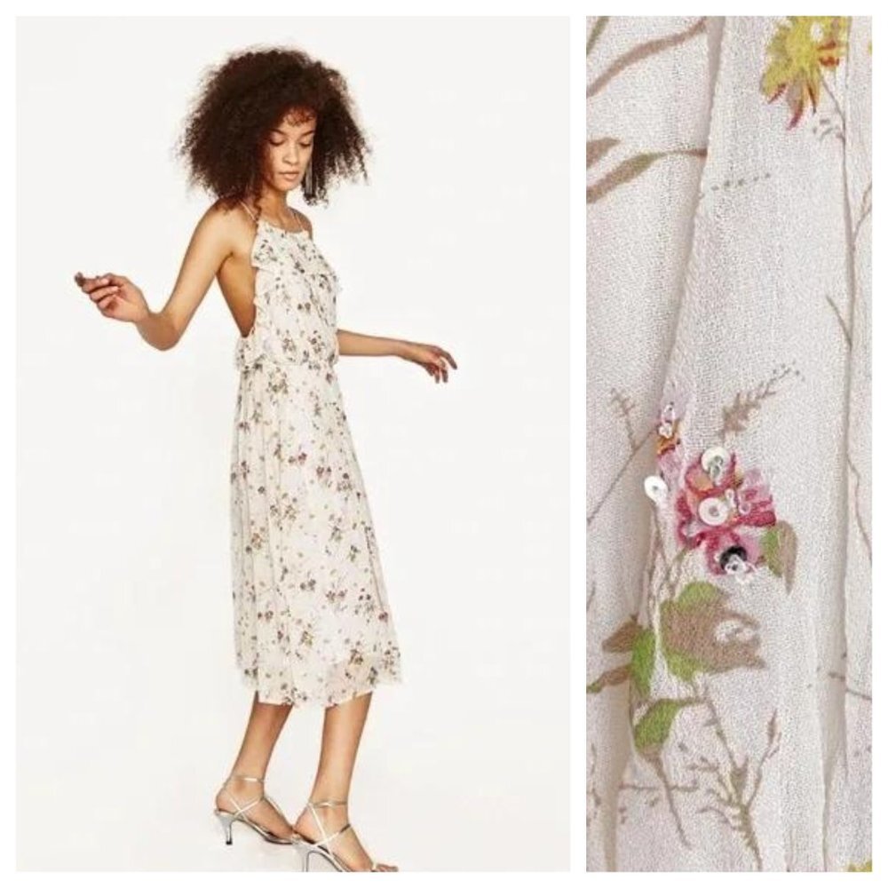 Zara Cream White Floral Sequined Dress - Picture 1 of 7